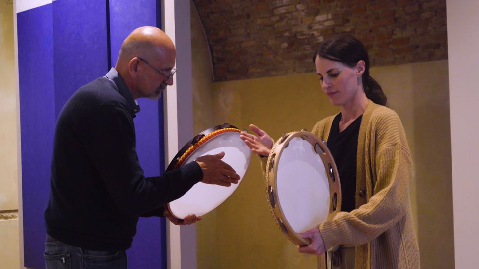 Learning a new skill – in this case, how to play a tambourine – is fun and helps the brain to continue to grow (Credit: BBC)